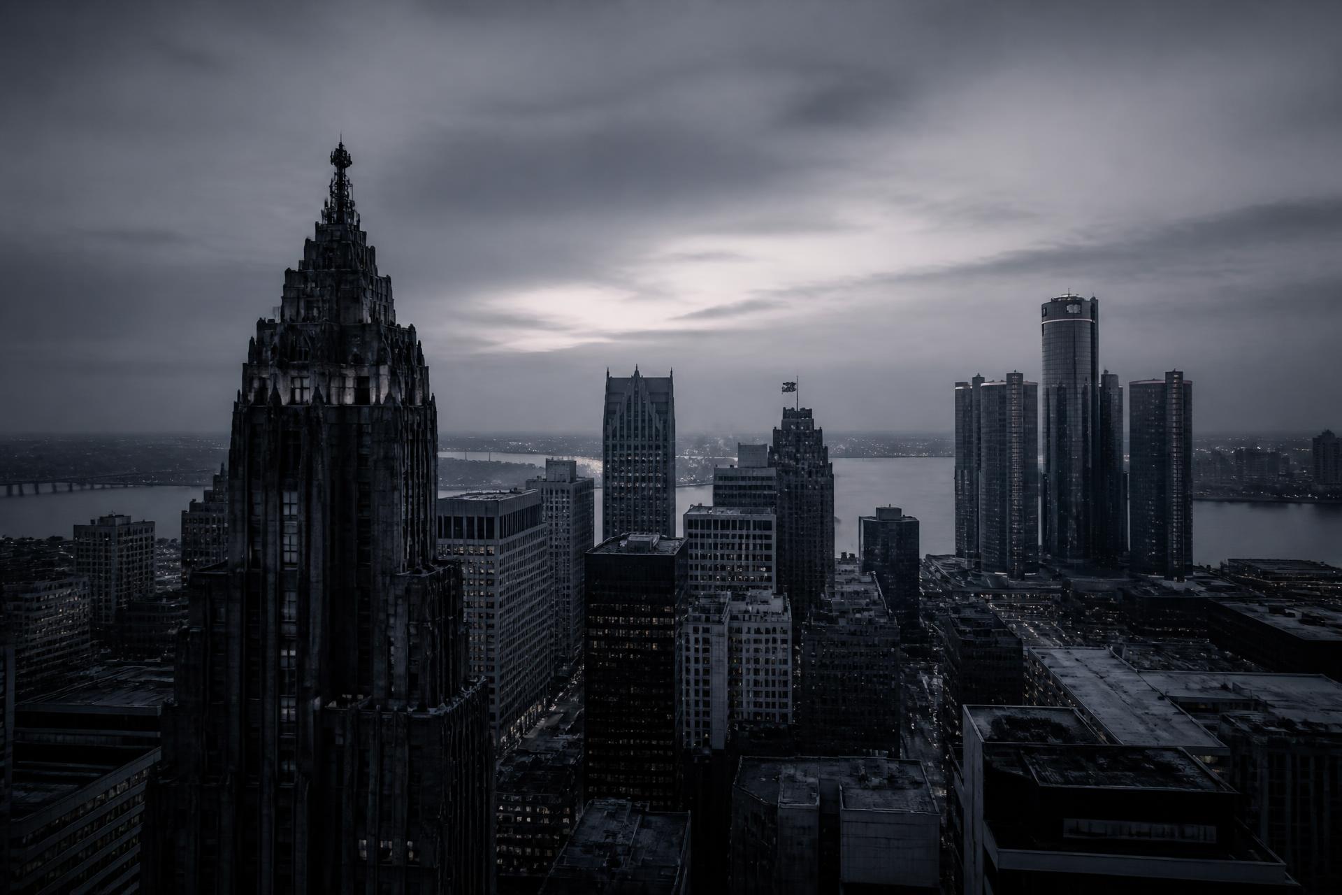 The Detroit skyline at dusk in near-monochrome tones
